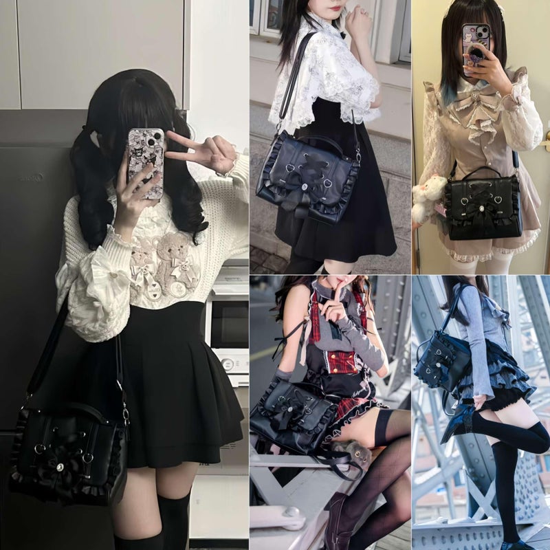 Winatehr small black cute bow purse, mini cutecore backpack for women, vegan leather satchel bag y2k purse, small crossbody japanese shoulder bag with ruffle, Jirai Kei coquette Shoujo girl lolita fashion - Image 2