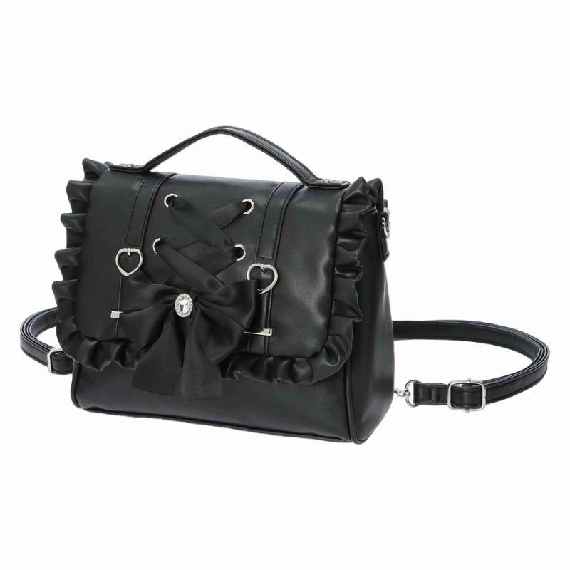 Winatehr small black cute bow purse, mini cutecore backpack for women, vegan leather satchel bag y2k purse, small crossbody japanese shoulder bag with ruffle, Jirai Kei coquette Shoujo girl lolita fashion - Image 1