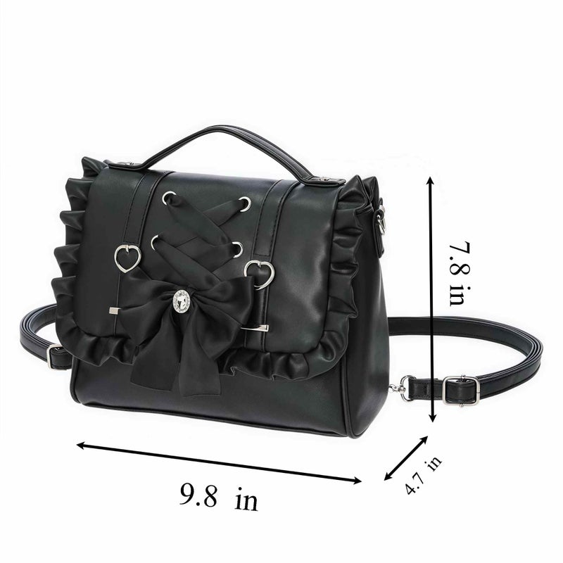 Winatehr small black cute bow purse, mini cutecore backpack for women, vegan leather satchel bag y2k purse, small crossbody japanese shoulder bag with ruffle, Jirai Kei coquette Shoujo girl lolita fashion - Image 4