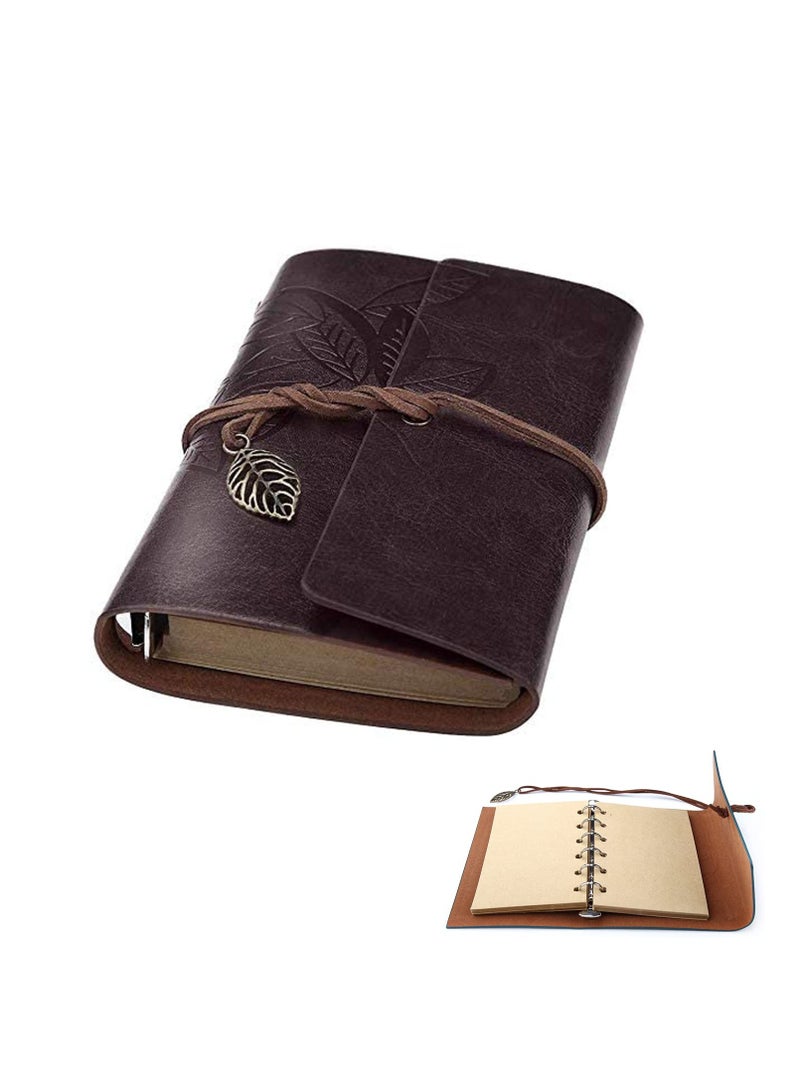 Vintage Leather Notebook Retro Writing Journal Diary Pu Leather Cover Leaf Pattern Spiral Blank String Daily Notepad Art Sketchbook Retro Pendants Classic Embossed Loose Leaf Coffee-Black - Image 1