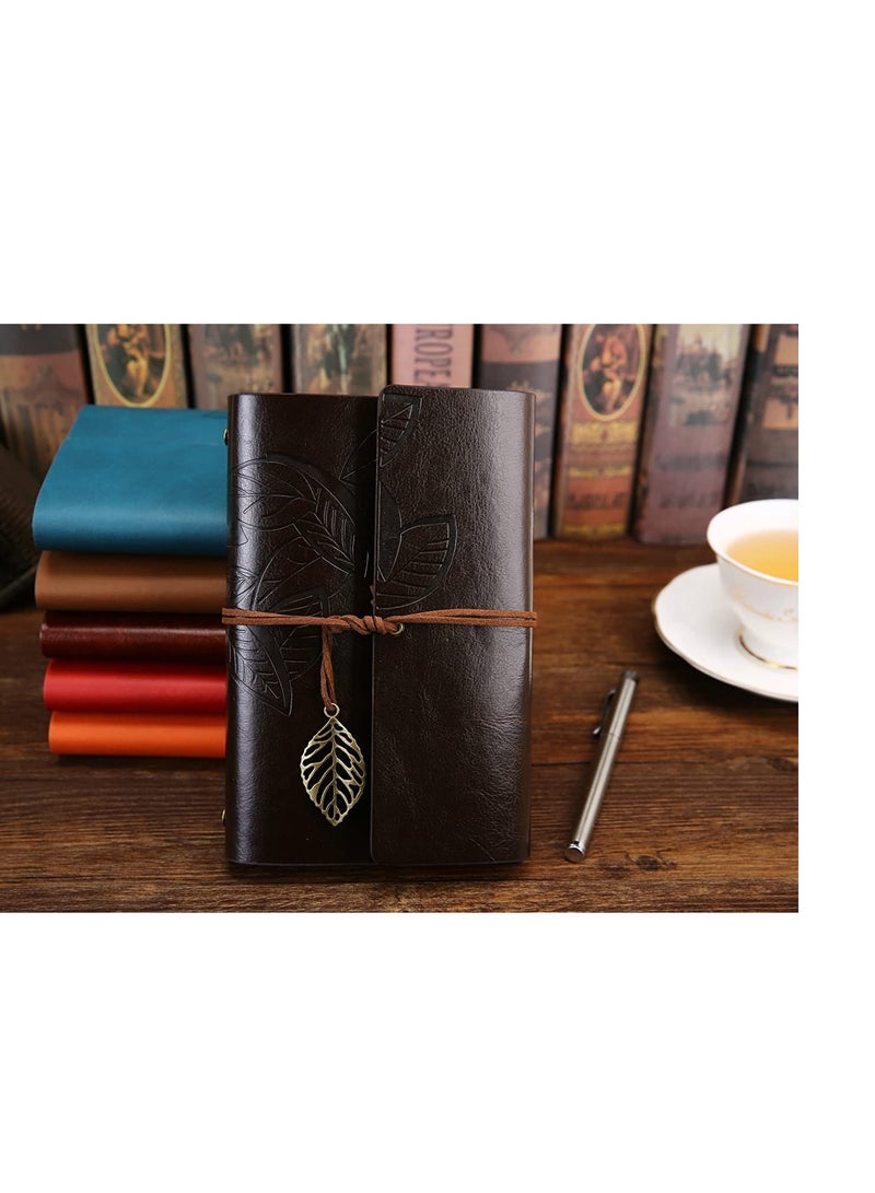 Vintage Leather Notebook Retro Writing Journal Diary Pu Leather Cover Leaf Pattern Spiral Blank String Daily Notepad Art Sketchbook Retro Pendants Classic Embossed Loose Leaf Coffee-Black - Image 2