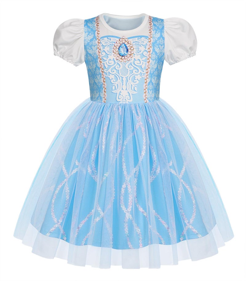 Benylion Princess Dress for Girls Kids Blue Princess Dress Halloween Cosplay Party Outfits Cinderella Dresses for Girls Birthday Gift Princess Puff Sleeve Tulle Dress 56X Light Blue - Image 2