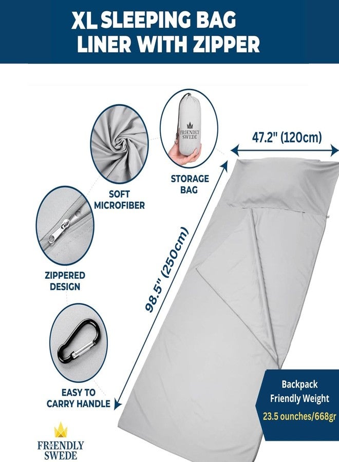 The Friendly Swede Extra Large Sleeping Bag Liner - Cold Weather Camping Sheets & Adult Sleep Sack with Full Length Zipper; Microfiber Cotton Feel Soft Sheets with Stuff Sack - Grey (Zipper) - Image 3