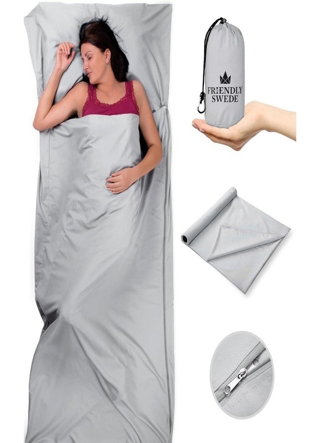 The Friendly Swede Extra Large Sleeping Bag Liner - Cold Weather Camping Sheets & Adult Sleep Sack with Full Length Zipper; Microfiber Cotton Feel Soft Sheets with Stuff Sack - Grey (Zipper) - Image 1