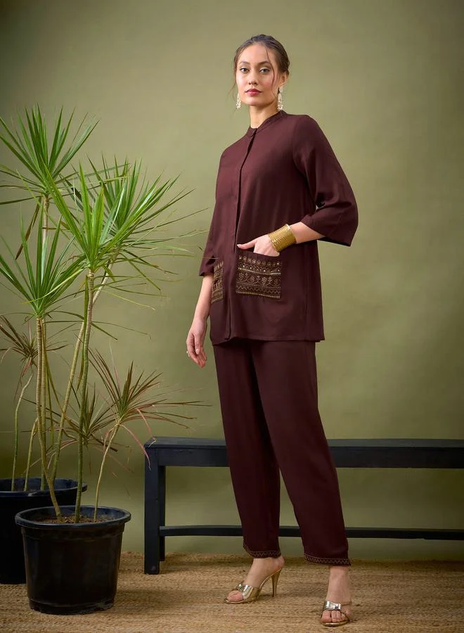 SASSAFRAS Embroidered Pocket Shirt & Palazzo Set by Styli