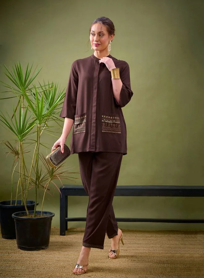 SASSAFRAS Embroidered Pocket Shirt & Palazzo Set by Styli