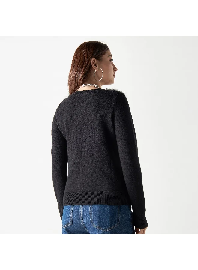 2Xtremz 2Xtremz Embellished Plush Sweater with Crew Neck and Long Sleeves