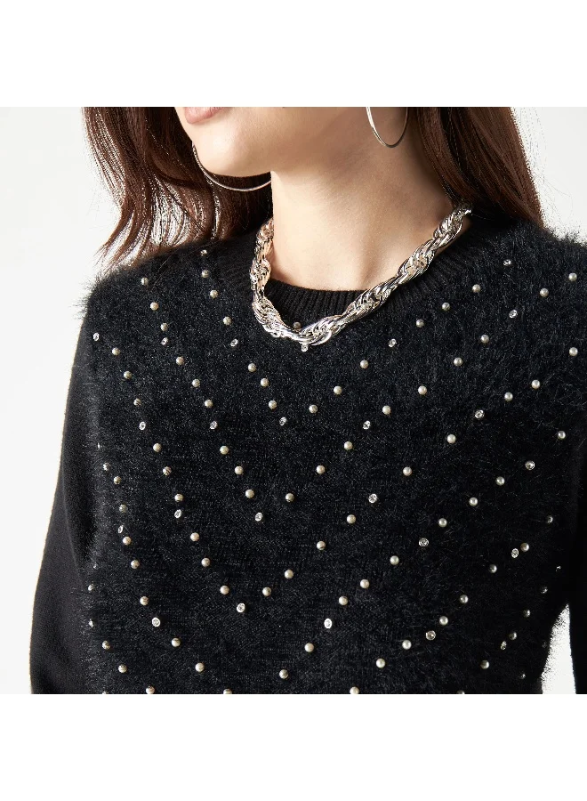 2Xtremz 2Xtremz Embellished Plush Sweater with Crew Neck and Long Sleeves