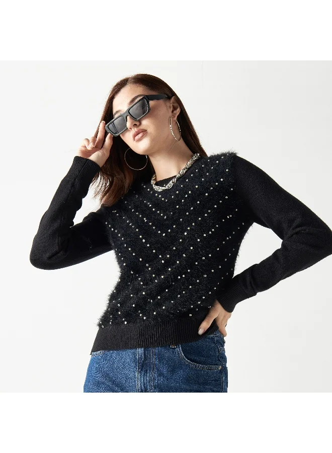 2Xtremz 2Xtremz Embellished Plush Sweater with Crew Neck and Long Sleeves
