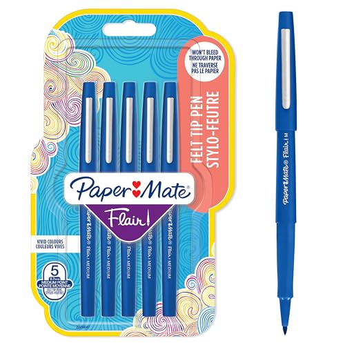 Paper Mate Flair Felt Tip Pens | Medium Point (0.7 mm) Writing Pens | Blue Pens | For Writing, Drawing & Sketching | 5 Count - Image 1