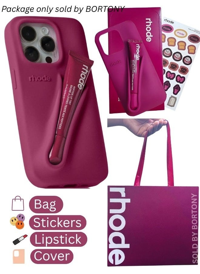 rhode - Phone Case Combo for iPhone 16 Pro Max – Peptide Lip Gloss + Stylish Salty Tan Silicone Case with Tote Bag & Stickers | All-in-One Gift Set for Girls & Women | Perfect for Birthdays, Holidays & Special Occasions – Complete Accessory Kit (Maroon) - Image 1
