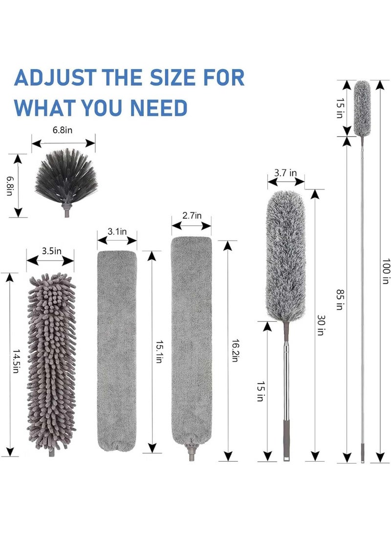 تراسل منفضة غبار ريش من الألياف الدقيقة قابلة للتمديد مع عمود تمديد طويل جداً، منفضة غبار من الألياف الدقيقة قابلة للتمديد، رأس قابل للثني، لتنظيف مروحة السقف، السقف، الستائر، الأثاث (3 قطع) - Image 2