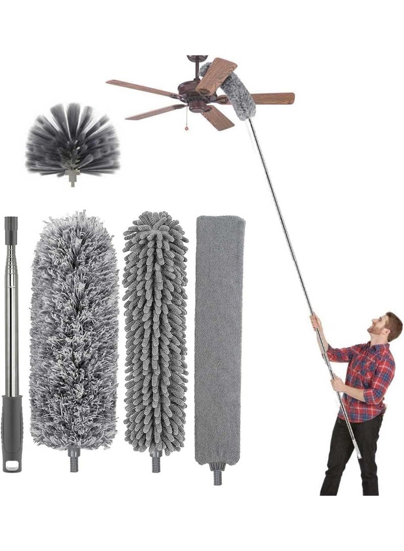 تراسل منفضة غبار ريش من الألياف الدقيقة قابلة للتمديد مع عمود تمديد طويل جداً، منفضة غبار من الألياف الدقيقة قابلة للتمديد، رأس قابل للثني، لتنظيف مروحة السقف، السقف، الستائر، الأثاث (3 قطع) - Image 1