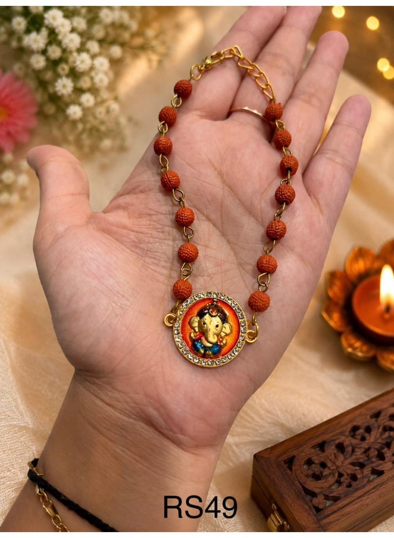Rajshi Rudraksh Bracelet for Brother with Ganpati Charm Rakhi | Rakshabandhan Special, Rudraksha Beads, Gold-Tone Chain, Crystal Embellished, Religious Charm -Size 36