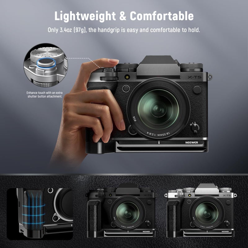 NEEWER X-T5 L Handlegrip Compatible with Fujifilm, Metal L Plate with Silicone Grip, Shutter Button, Anti Twist 1/4" Screw, 3/8" 1/4" Threads, Arca Base Compatible with SmallRig Accessories, CA014G - Image 4
