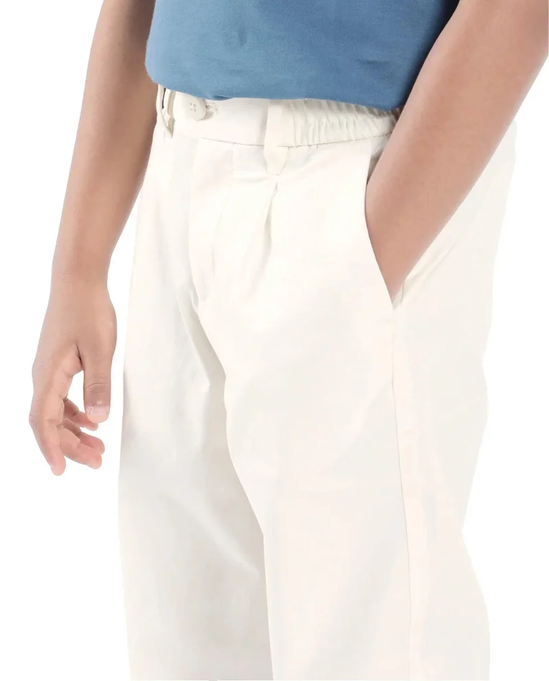 Rare Ones Rare Ones Kids Tilt Off White Cotton Plain Button And Zip Closure Regular Fit Trouser