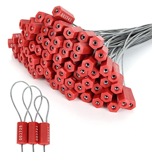APACALI 100 PCS Steel Security Cable Seals Numbered Tamper Proof Security Tags, Red Pull-Tite Container Seals Wire Seals, Metal Self-Locking Cable Steel Wire Seal for Truck Container Shipping, 12”/300mm - Image 1