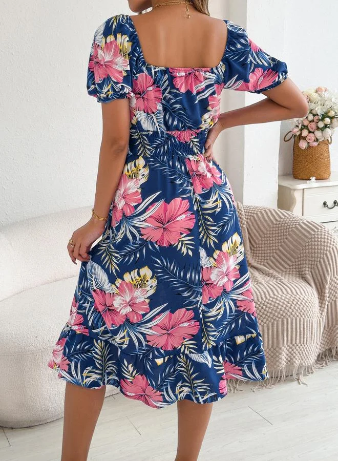 Take Two Navy Blue Floral Square Neck Midi Dress