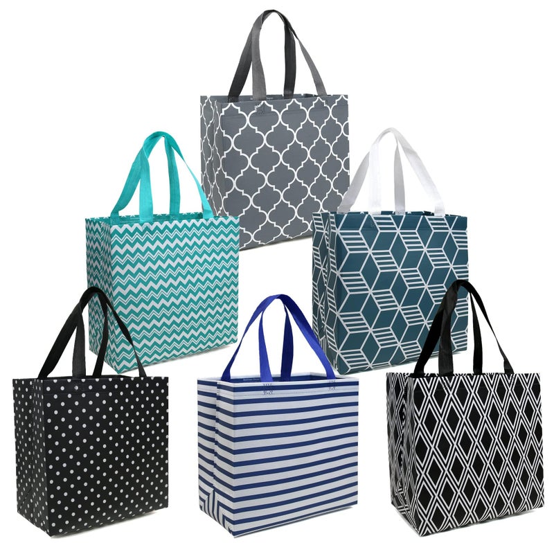 BeeGreen 6Pack Foldable Reusable Grocery Bags  Large Cloth Tote Bag with Handles Bulk Shopping Bags in Geometric Design Shopping Baskets Utility Reusable Gift for Groceries