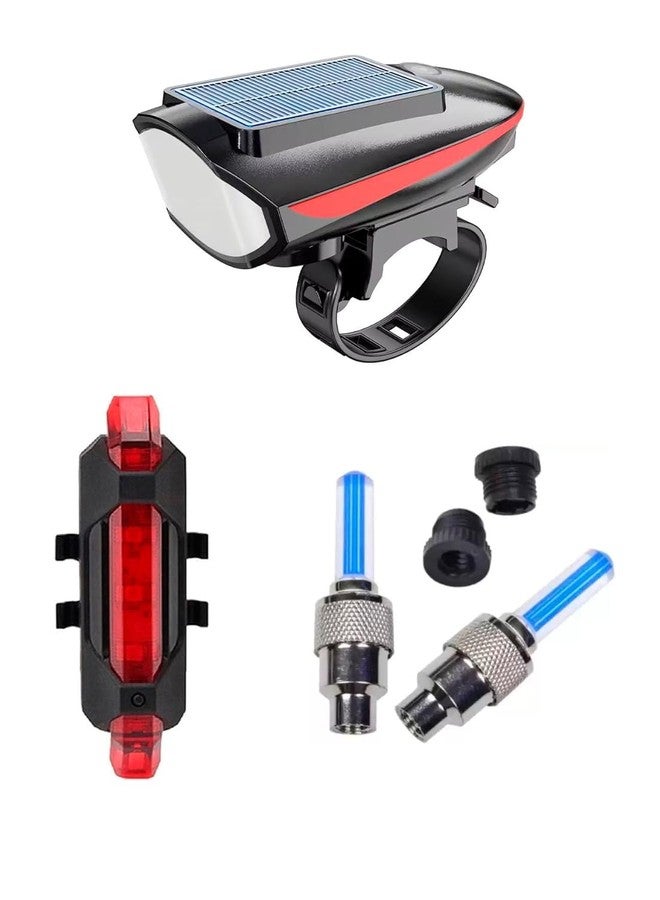 FCCRACING Rechargeable Cycle Solar Front, Rear & Valve Light and with Horn Waterproof Cycle Light (Red) - Image 1