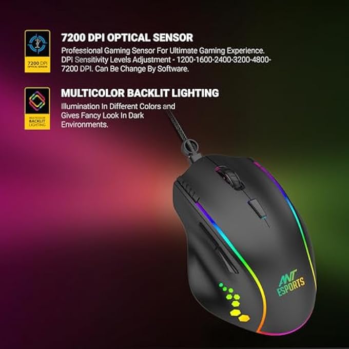 ANT Esports GM600 RGB WIRED PROGRAMMABLE GAMING MOUSE | 7200 DPI OPTICAL SENSOR | HUANO MOUSE SWITCHES | 7-BUTTON DESIGN WITH MACROS SUPPORT - Image 3