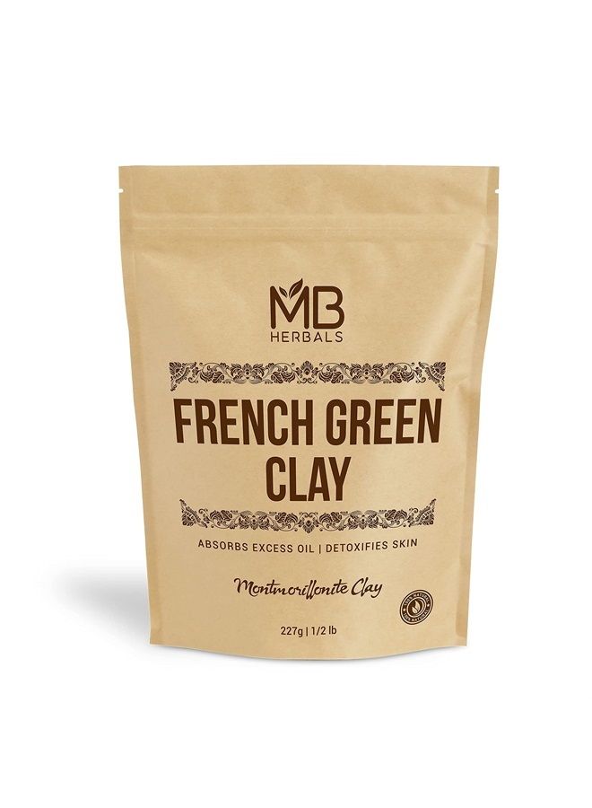 MB Herbals French Green Clay 8 oz | 0.5 lb / 227 Gram | 100% Pure Montmorillonite Clay | Absorbs Excess Oil | Detoxifies Skin | Recommended For Oily Skin | No Chemical Preservatives