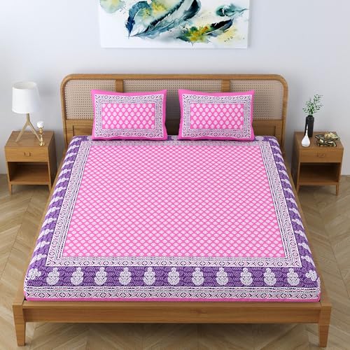 Colorish Cotton Blend Traditional Jaipuri Printed King Size Double Bedsheet with 2 Pillow Covers – Pink Royale - Image 5