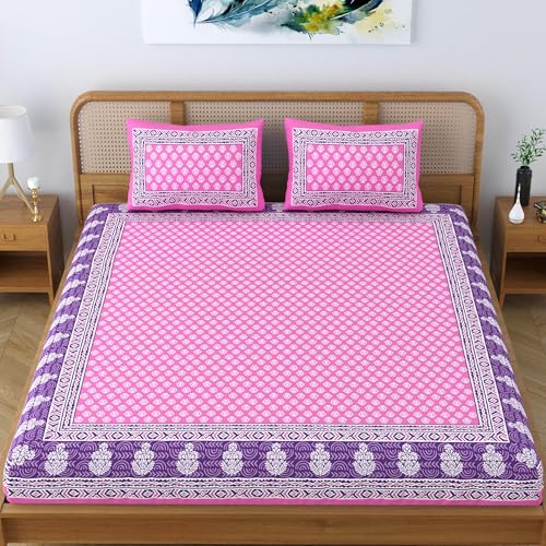 Colorish Cotton Blend Traditional Jaipuri Printed King Size Double Bedsheet with 2 Pillow Covers – Pink Royale - Image 2
