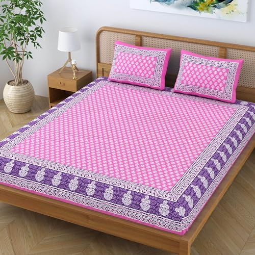 Colorish Cotton Blend Traditional Jaipuri Printed King Size Double Bedsheet with 2 Pillow Covers – Pink Royale - Image 3