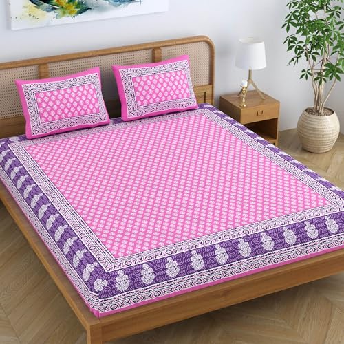 Colorish Cotton Blend Traditional Jaipuri Printed King Size Double Bedsheet with 2 Pillow Covers – Pink Royale - Image 1