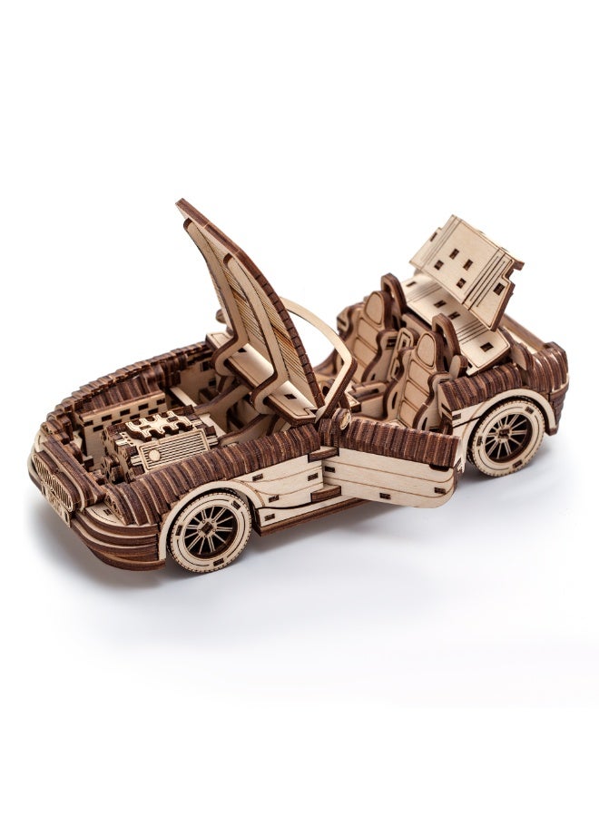 DROVO Wooden 3D Puzzle Car – Roadster 007 Convertible Model Kit | 272 Laser-Cut Birch Pieces, Moving Parts, DIY James Bond Spy Car Replica for Adults & Kids - Image 5