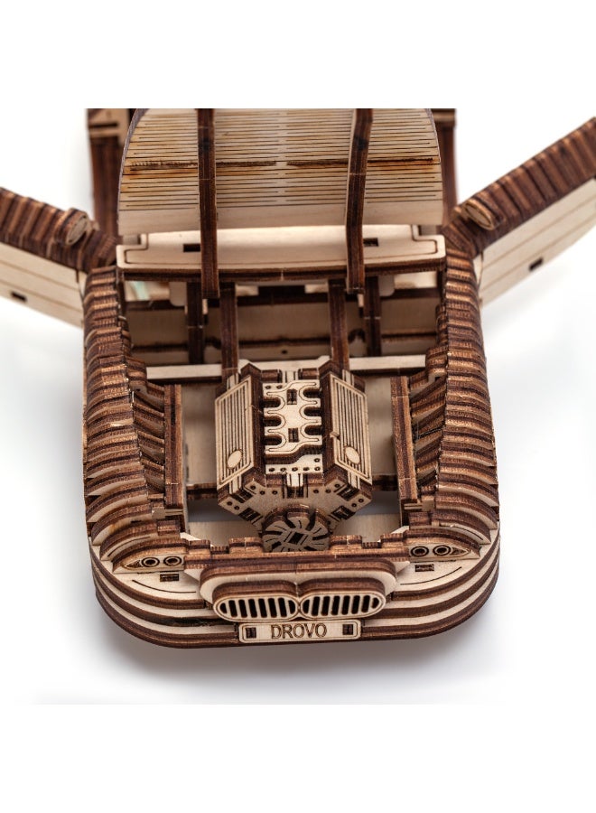 DROVO Wooden 3D Puzzle Car – Roadster 007 Convertible Model Kit | 272 Laser-Cut Birch Pieces, Moving Parts, DIY James Bond Spy Car Replica for Adults & Kids - Image 4