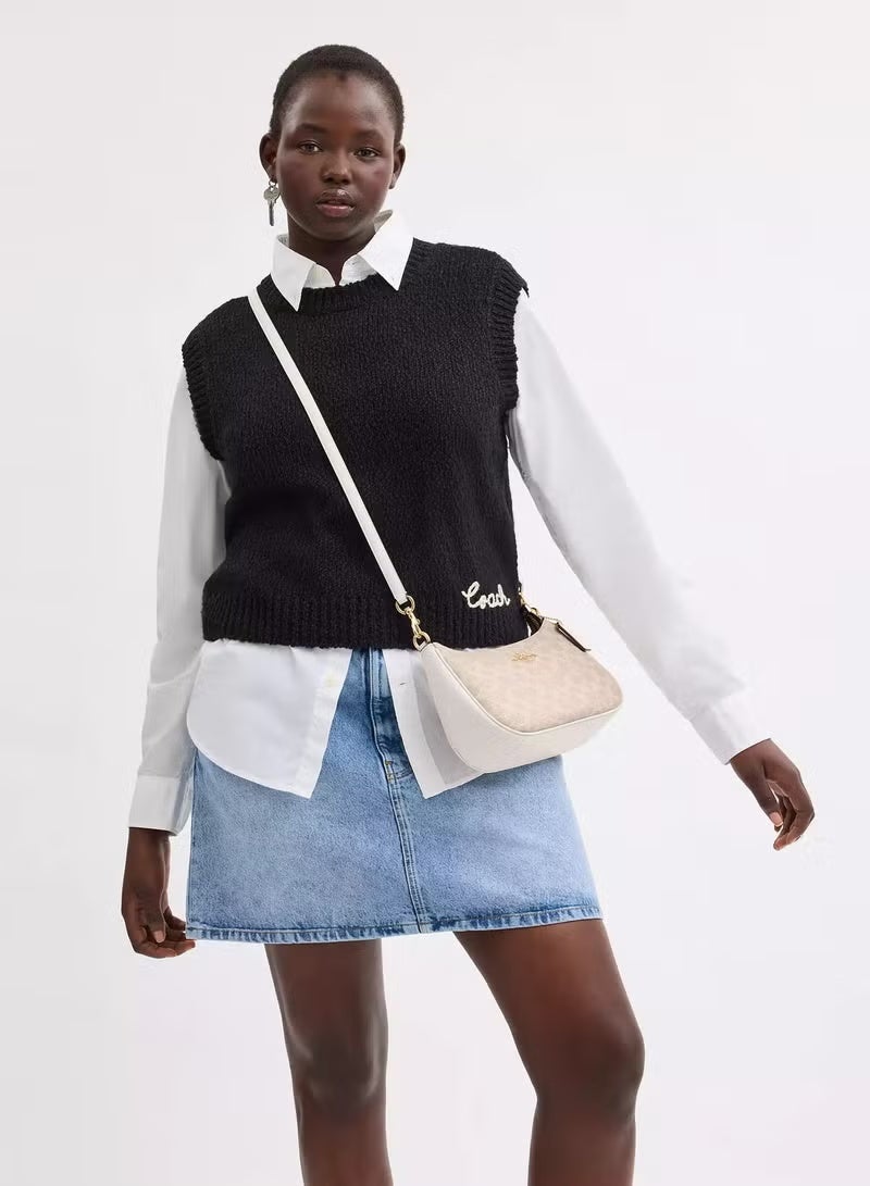 كوتش اوت ليت تيري توقيع حقيبة قماش واحدة الكتف ، حقيبة يد نسائية ، حقيبة هوبو نسائية ، حقيبة توت نسائية ، حقيبة سفر نسائية ، ذهبية وأبيض 24cm - Image 3