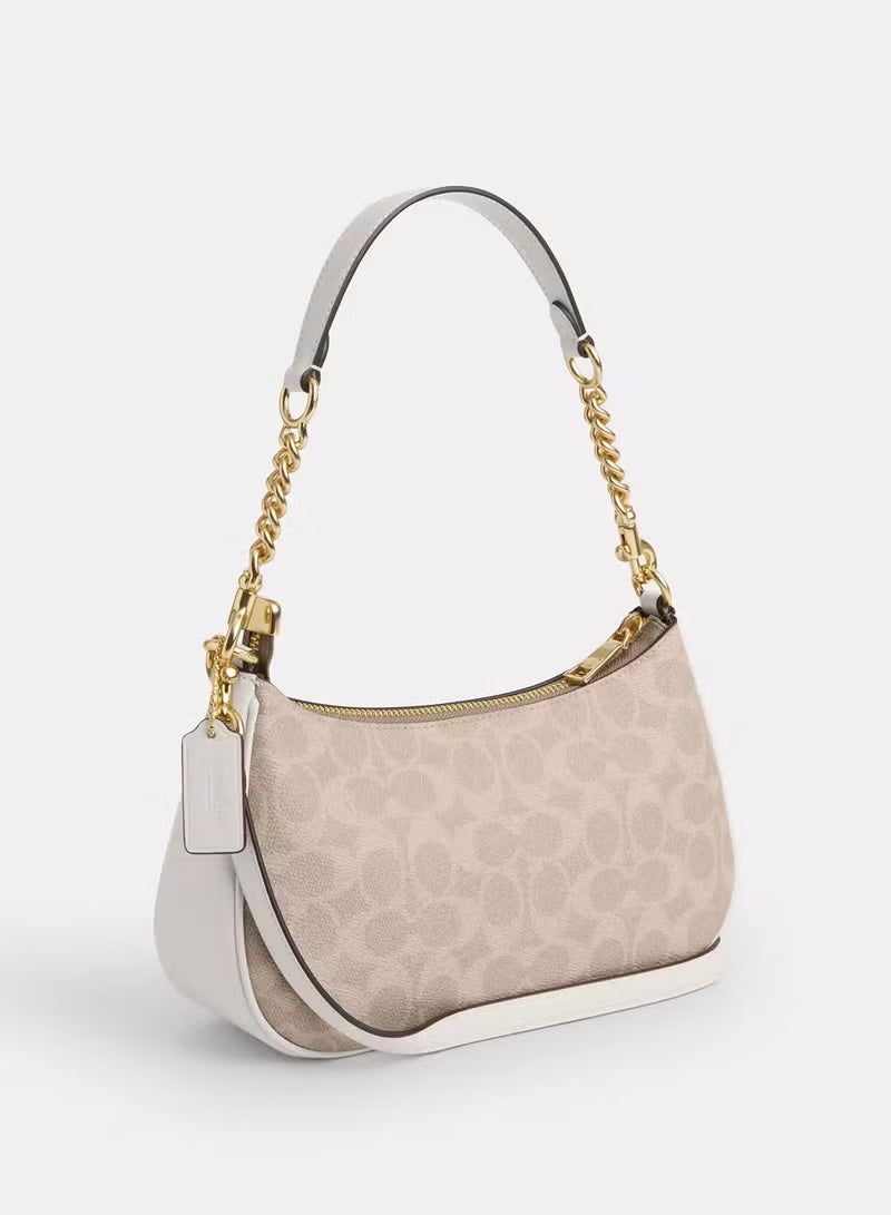 كوتش اوت ليت تيري توقيع حقيبة قماش واحدة الكتف ، حقيبة يد نسائية ، حقيبة هوبو نسائية ، حقيبة توت نسائية ، حقيبة سفر نسائية ، ذهبية وأبيض 24cm - Image 4