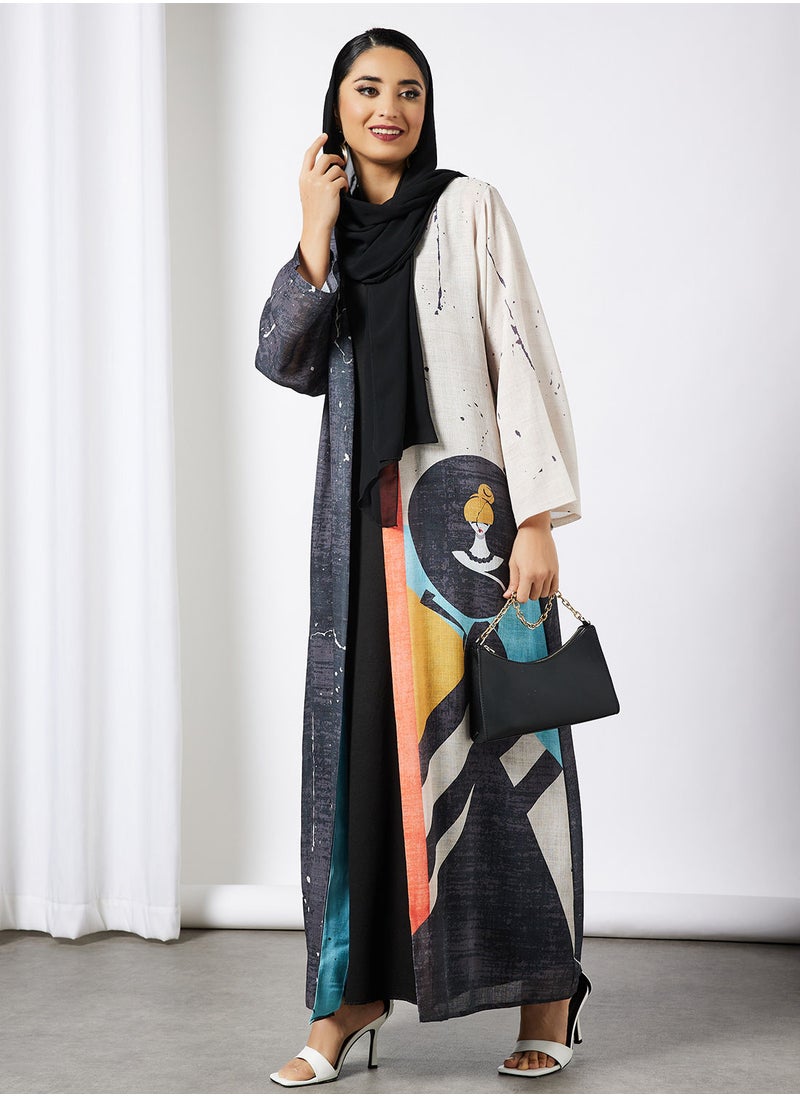 Thouq - Colourblock Abstract Print Abaya - Image 1