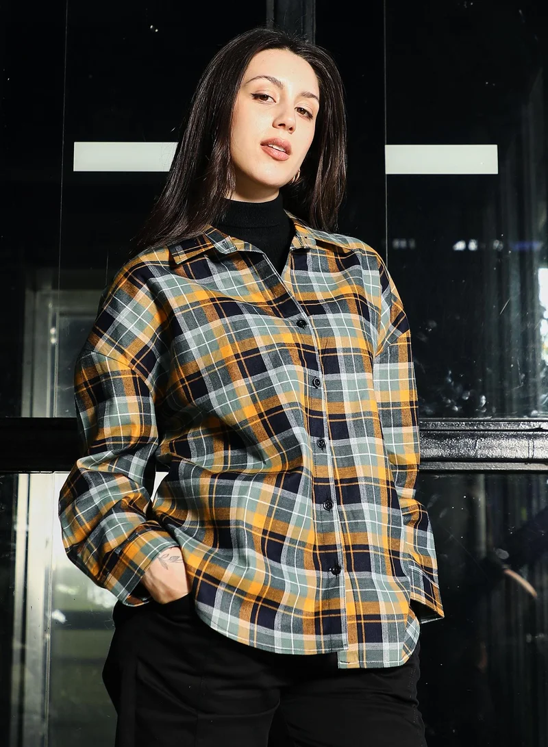PINACOLADA  Women's Mango Yellow & Midnight Black Shadow-Plaid Oversized Shirt for Women | Best Price UAE