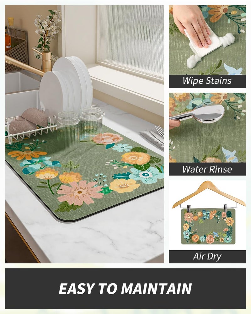 AMOAMI Coffee Mat Hide Stain Rubber Backed Absorbent Dish Drying Mat for Kitchen Counter - Fits Under Coffee Maker - Floral GREEN 12X19 - Image 3
