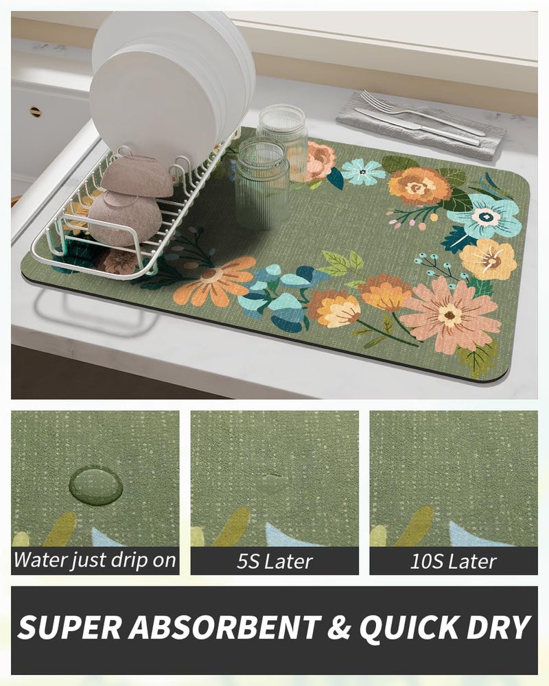 AMOAMI Coffee Mat Hide Stain Rubber Backed Absorbent Dish Drying Mat for Kitchen Counter - Fits Under Coffee Maker - Floral GREEN 12X19 - Image 2