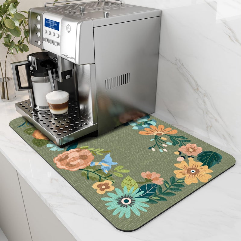 AMOAMI Coffee Mat Hide Stain Rubber Backed Absorbent Dish Drying Mat for Kitchen Counter - Fits Under Coffee Maker - Floral GREEN 12X19 - Image 1