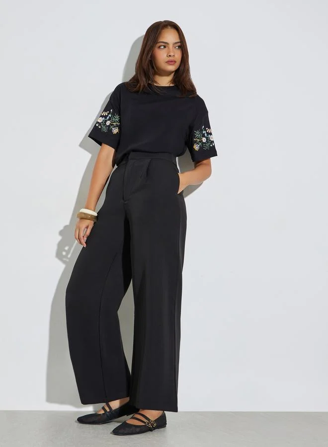 Styli Black Oversized Embroidered Longline T-Shirt for Women | Best Price UAE