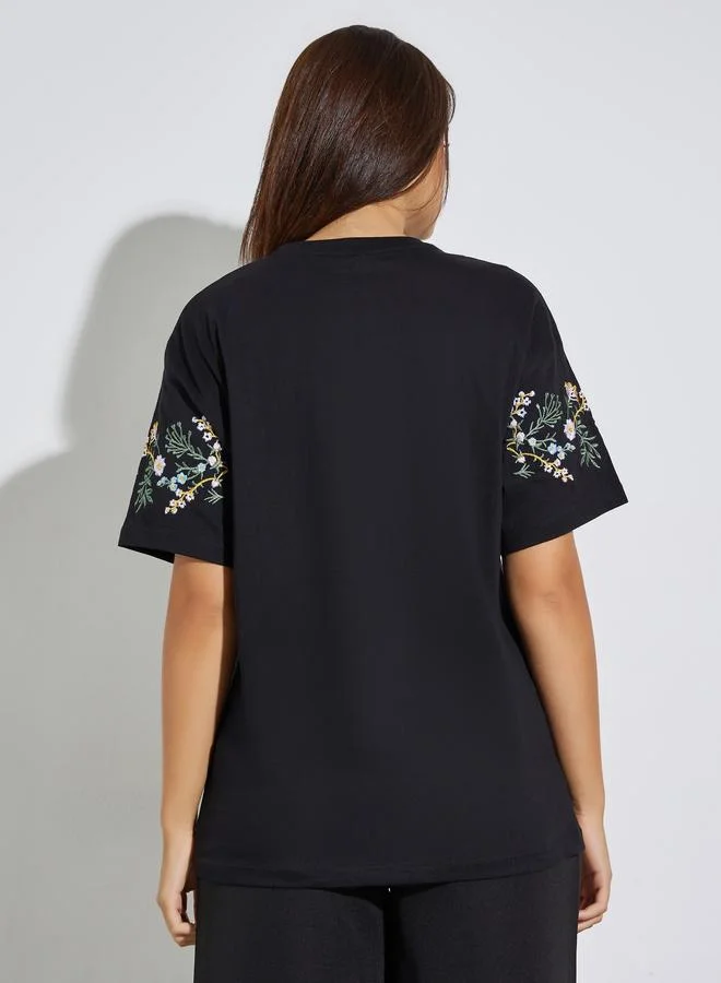 Styli Black Oversized Embroidered Longline T-Shirt for Women | Best Price UAE