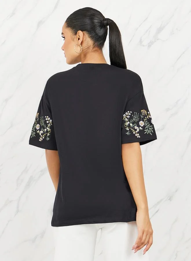 Styli Black Oversized Embroidered Longline T-Shirt for Women | Best Price UAE