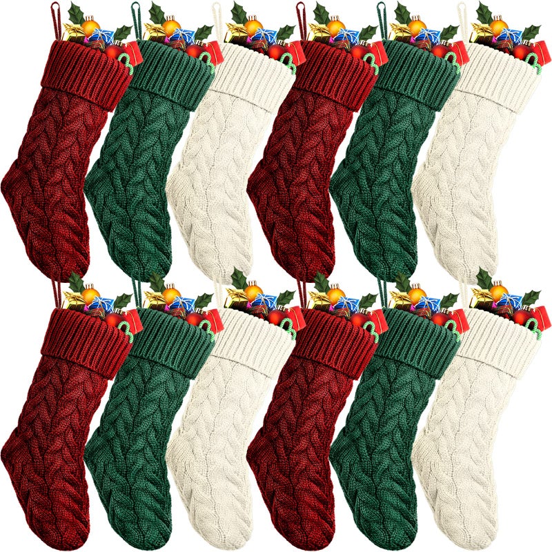 Vinsot 12 Set Christmas Stockings 18 Inches Big Cable Knitted Stockings Xmas Large Size Fireplace StockingWine Ivory Green