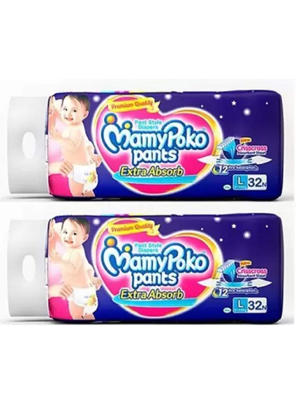 MamyPoko Pants Mamypoko Extra Absorb Pant Style Baby Diapers, Size Large, 32 Pcs Pack, Set of 2 Packs, for Baby Weight 9-14 Kgs - L (64 Pieces)