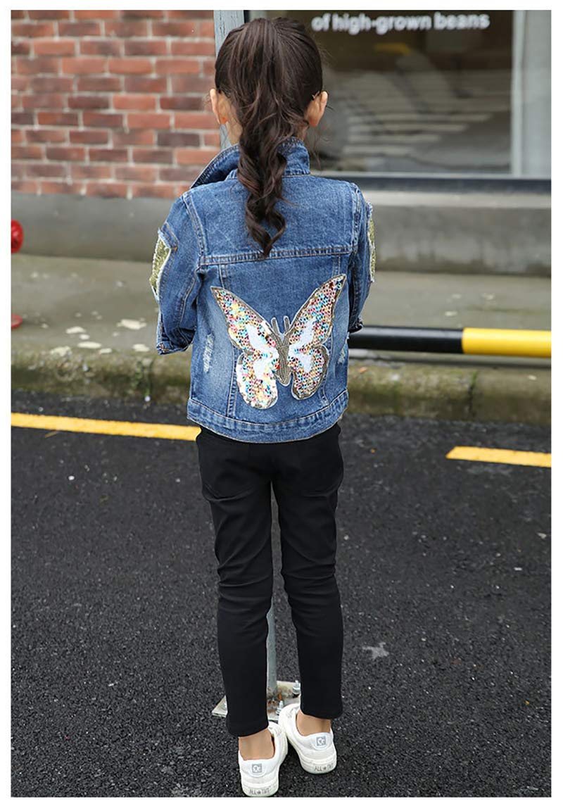 Peacolate 3-10Years Little Big Girls Spring Autumn Embroidered Paillette Sequins Butterfly Denim Jacket Kid's Top (Butterfly,8-9Years) - Image 3