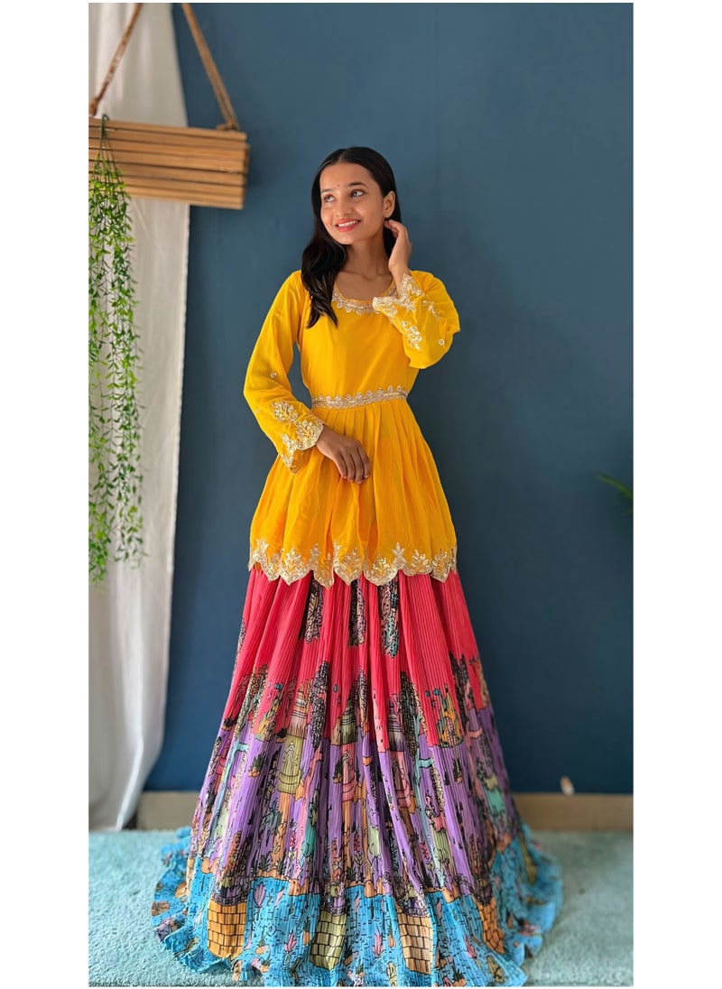 Super Asian Premium Chinnon Silk Lehenga with Embroidered Faux Georgette Kurti | 6.5m Flair | Digital Print Elegance  - Image 5