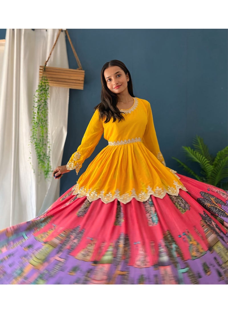 Super Asian Premium Chinnon Silk Lehenga with Embroidered Faux Georgette Kurti | 6.5m Flair | Digital Print Elegance  - Image 4