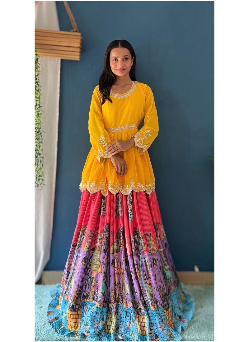 Super Asian Premium Chinnon Silk Lehenga with Embroidered Faux Georgette Kurti | 6.5m Flair | Digital Print Elegance  - Image 3