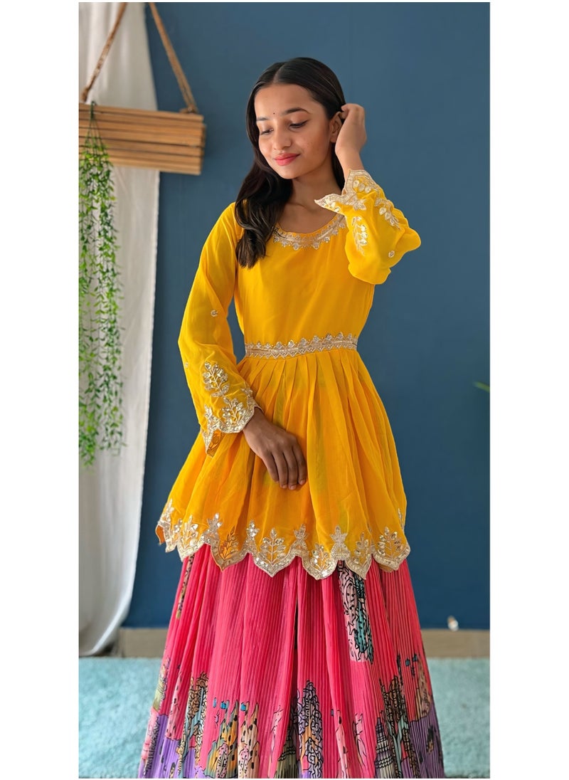 Super Asian Premium Chinnon Silk Lehenga with Embroidered Faux Georgette Kurti | 6.5m Flair | Digital Print Elegance  - Image 1