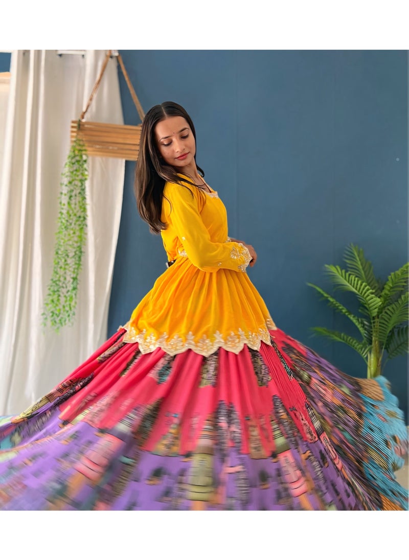 Super Asian Premium Chinnon Silk Lehenga with Embroidered Faux Georgette Kurti | 6.5m Flair | Digital Print Elegance  - Image 2